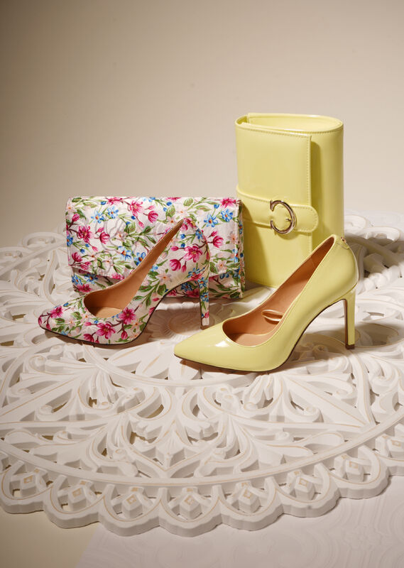 Floral and yellow court shoes with matching clutch bags - product shot