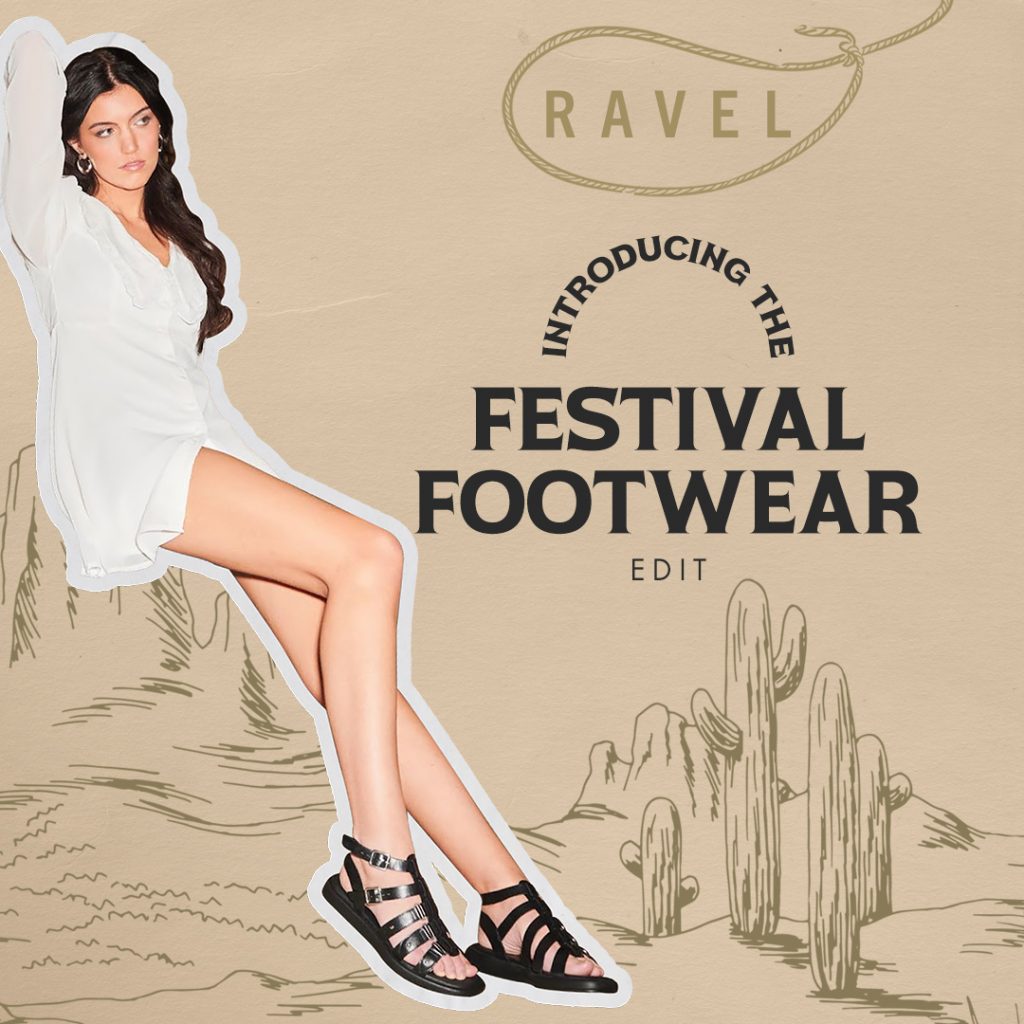 A promo image for Festival footwear with illustrations of a cacti and a photo of an image wearing a dress and sandals