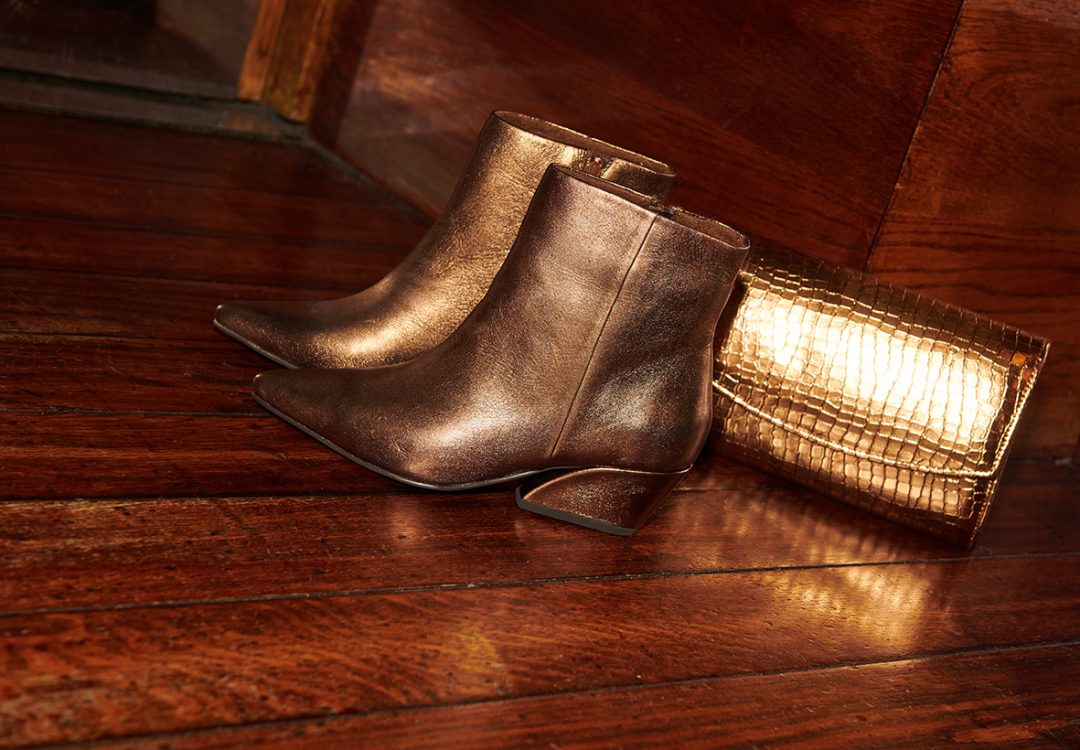 Bronze ankle boots with matching clutch bag